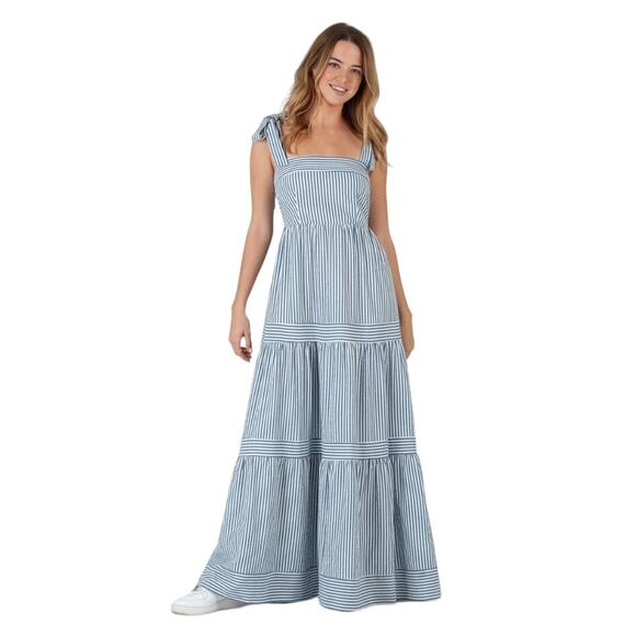 Lucca Capri Stripe Ruffle Maxi Dress Navy Sz M - Picture 1 of 11